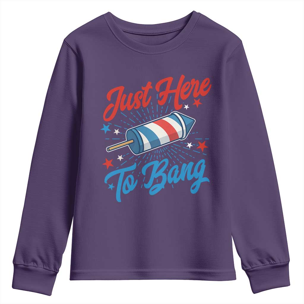Funny Fireworks Just Here To Bang Youth Sweatshirt American Flag Firecracker Rocket - Wonder Print Shop
