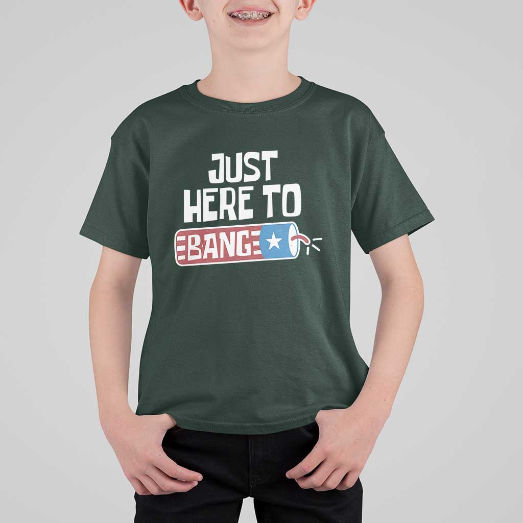 Funny Fireworks Just Here To Bang T Shirt For Kid American Flag Firecracker - Wonder Print Shop