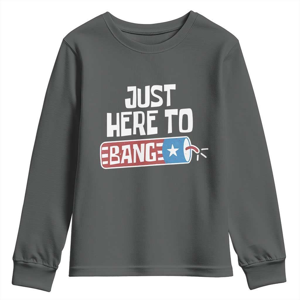 Funny Fireworks Just Here To Bang Youth Sweatshirt American Flag Firecracker - Wonder Print Shop