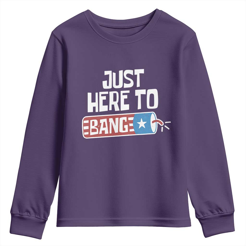 Funny Fireworks Just Here To Bang Youth Sweatshirt American Flag Firecracker - Wonder Print Shop