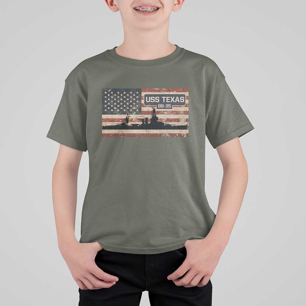 USS Texas BB35 WW1 WW2 Battleship USA American Flag T Shirt For Kid