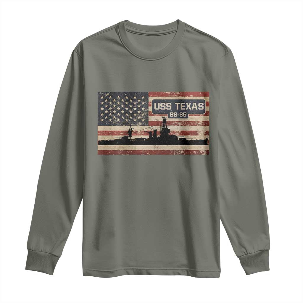 USS Texas BB35 WW1 WW2 Battleship USA American Flag Long Sleeve Shirt