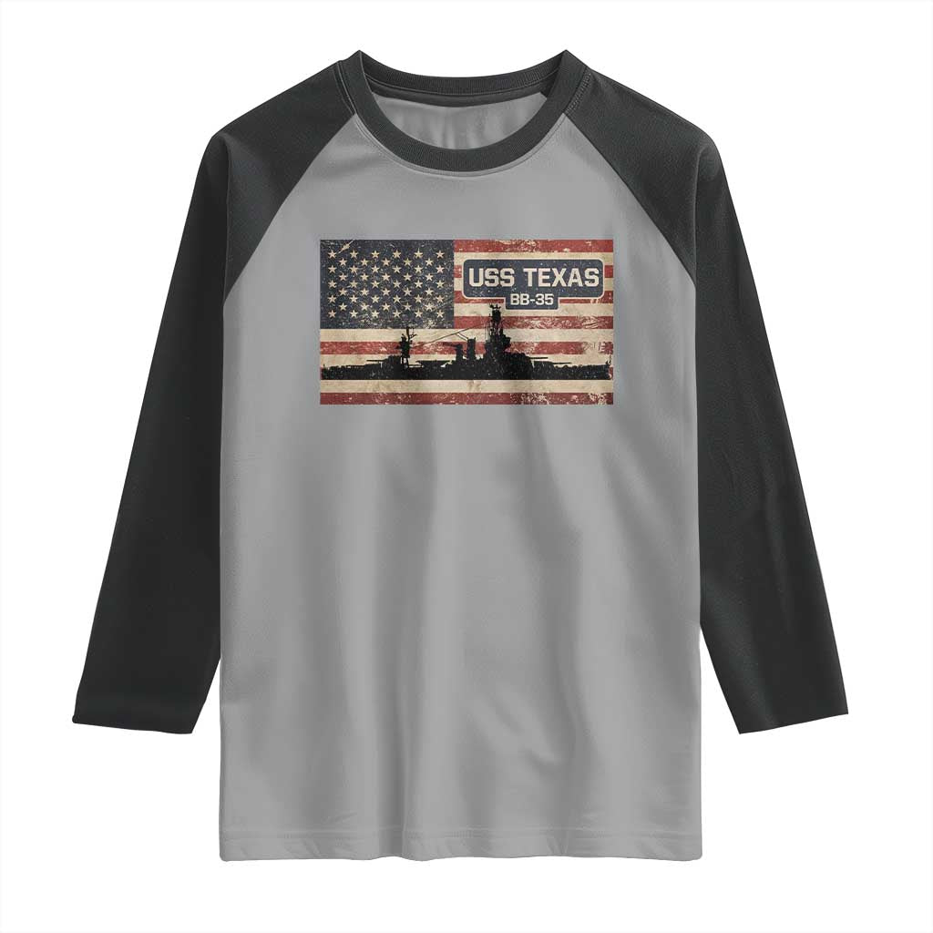 USS Texas BB35 WW1 WW2 Battleship USA American Flag Raglan Shirt