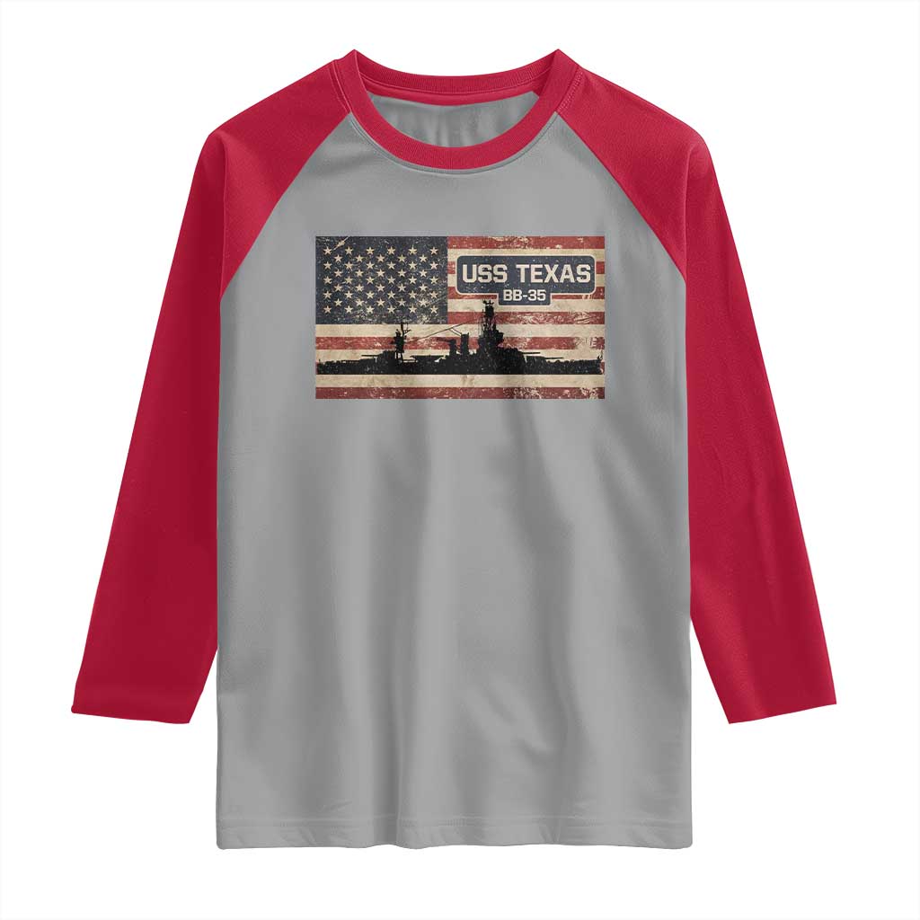 USS Texas BB35 WW1 WW2 Battleship USA American Flag Raglan Shirt