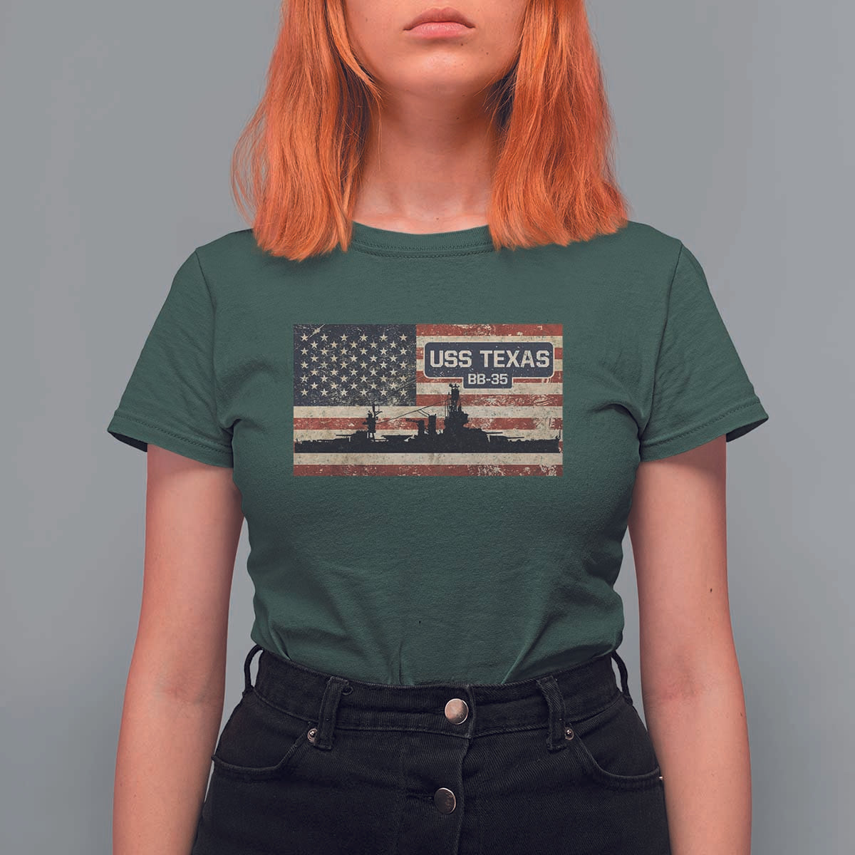 USS Texas BB35 WW1 WW2 Battleship USA American Flag T Shirt For Women