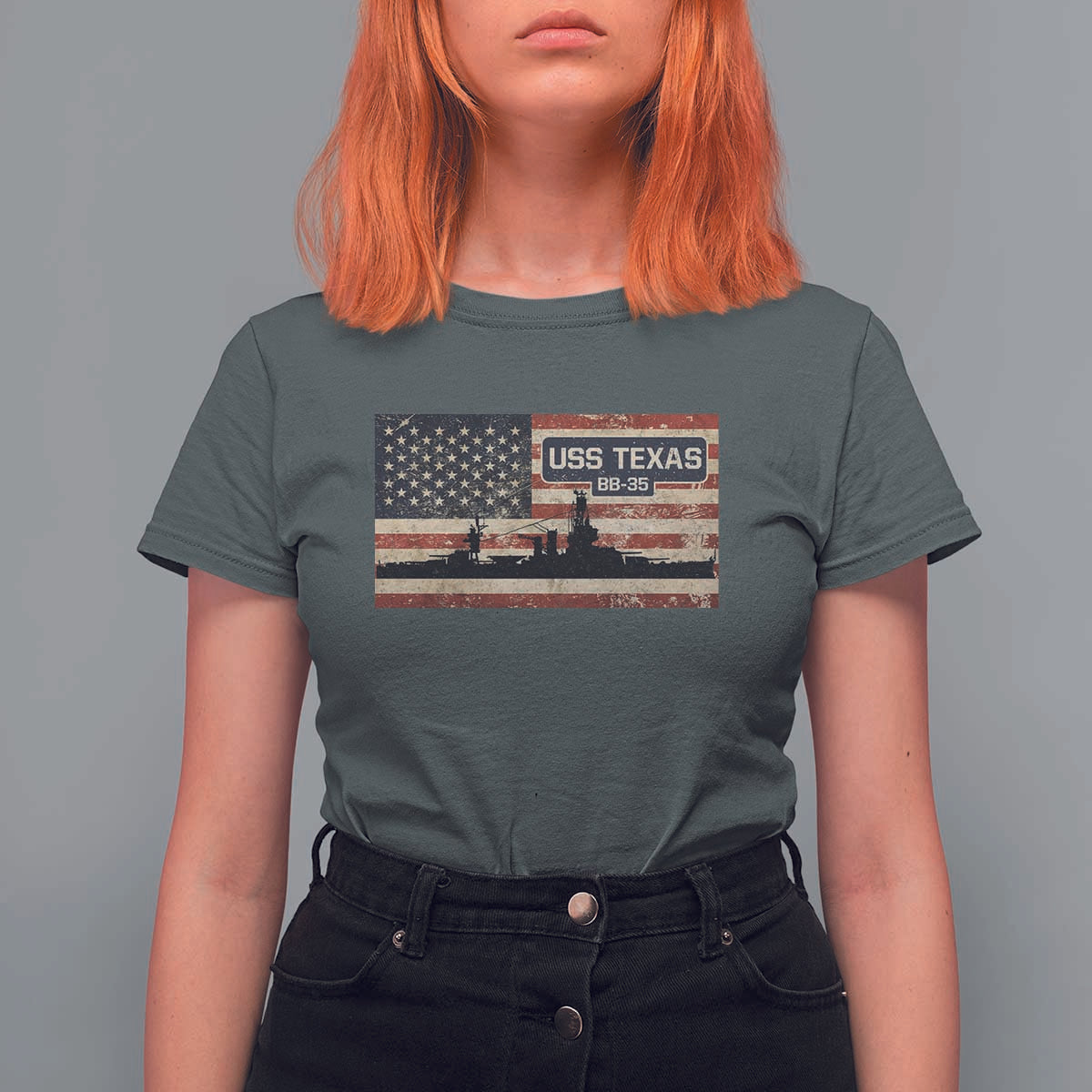 USS Texas BB35 WW1 WW2 Battleship USA American Flag T Shirt For Women