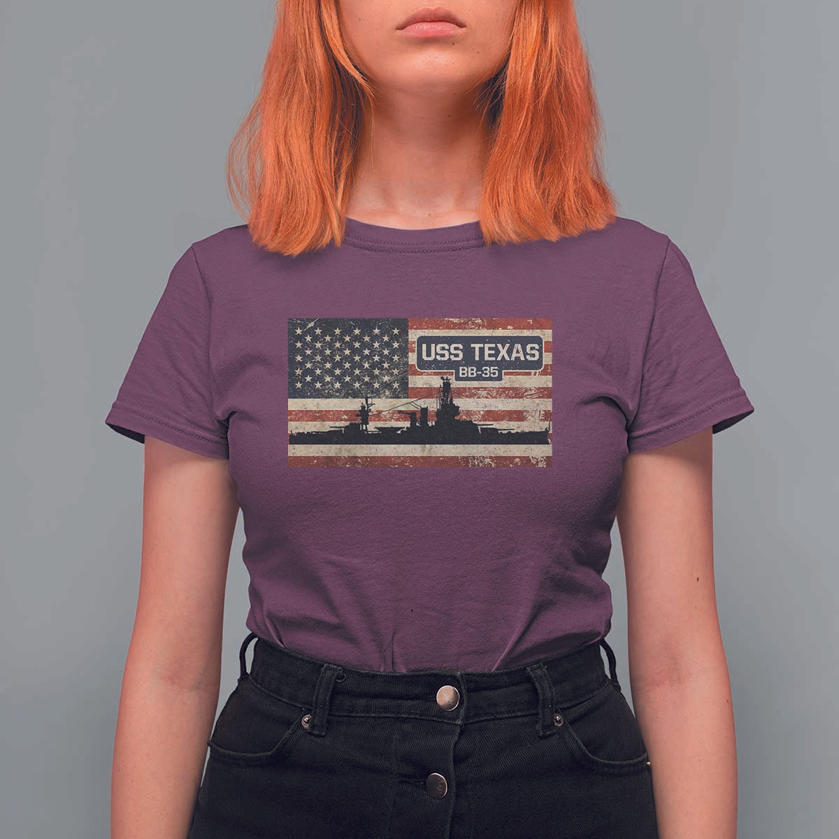 USS Texas BB35 WW1 WW2 Battleship USA American Flag T Shirt For Women