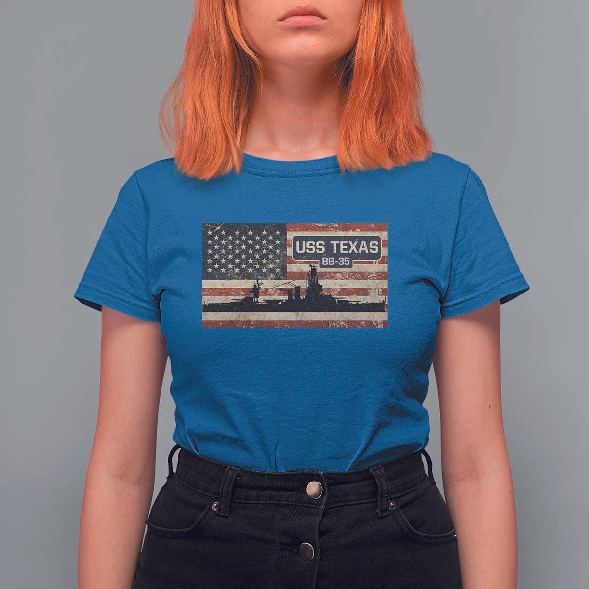 USS Texas BB35 WW1 WW2 Battleship USA American Flag T Shirt For Women