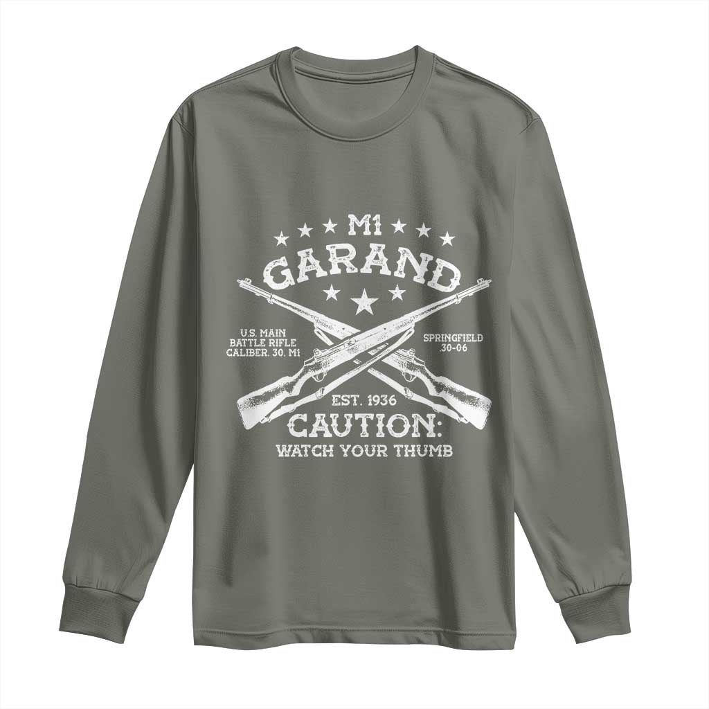 M1 Garand Rifle Gun WWII Watch Your Thumb EST 1936 Long Sleeve Shirt