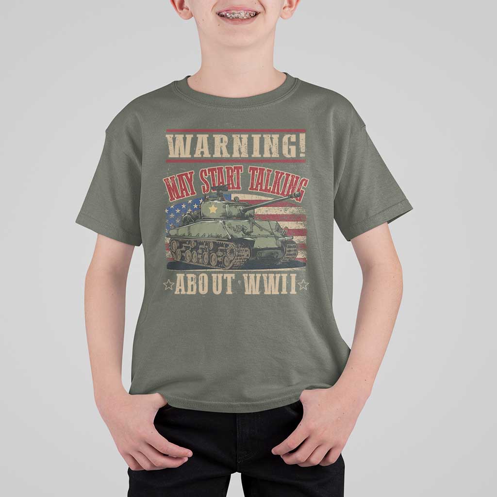 Warning May Start Talking About WWII T Shirt For Kid American Flag Tank