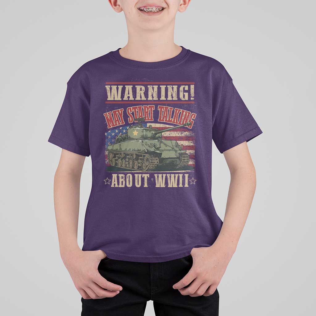 Warning May Start Talking About WWII T Shirt For Kid American Flag Tank