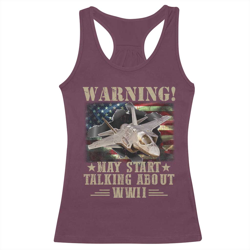 Warning May Start Talking About WWII Racerback Tank Top American Flag Fighter Jet - Wonder Print Shop