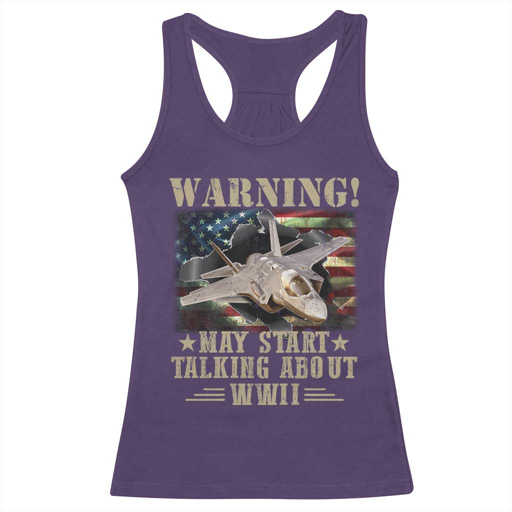 Warning May Start Talking About WWII Racerback Tank Top American Flag Fighter Jet - Wonder Print Shop