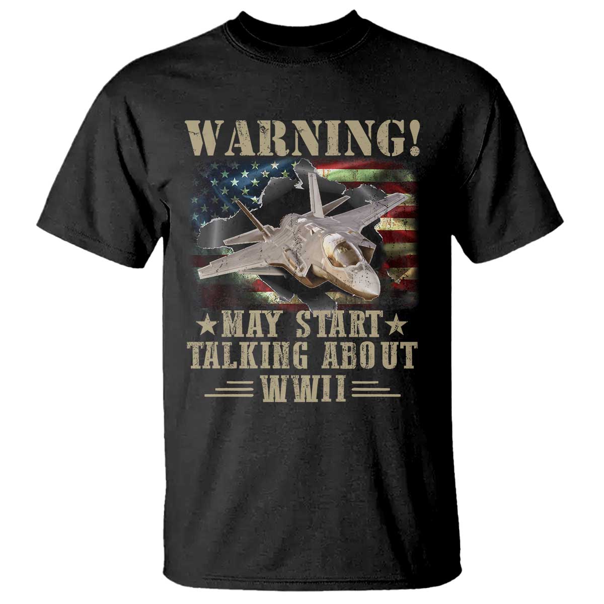Warning May Start Talking About WWII T Shirt American Flag Fighter Jet - Wonder Print Shop