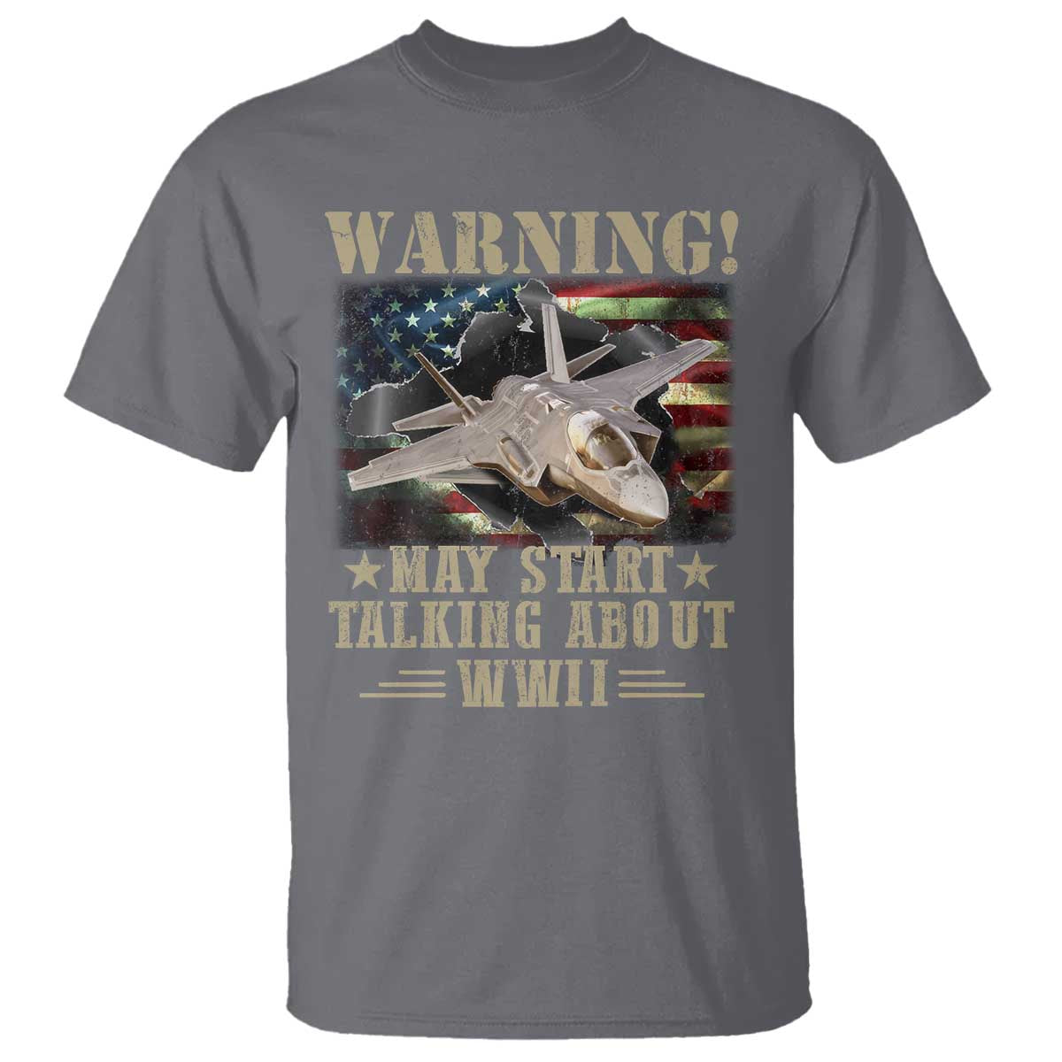 Warning May Start Talking About WWII T Shirt American Flag Fighter Jet - Wonder Print Shop