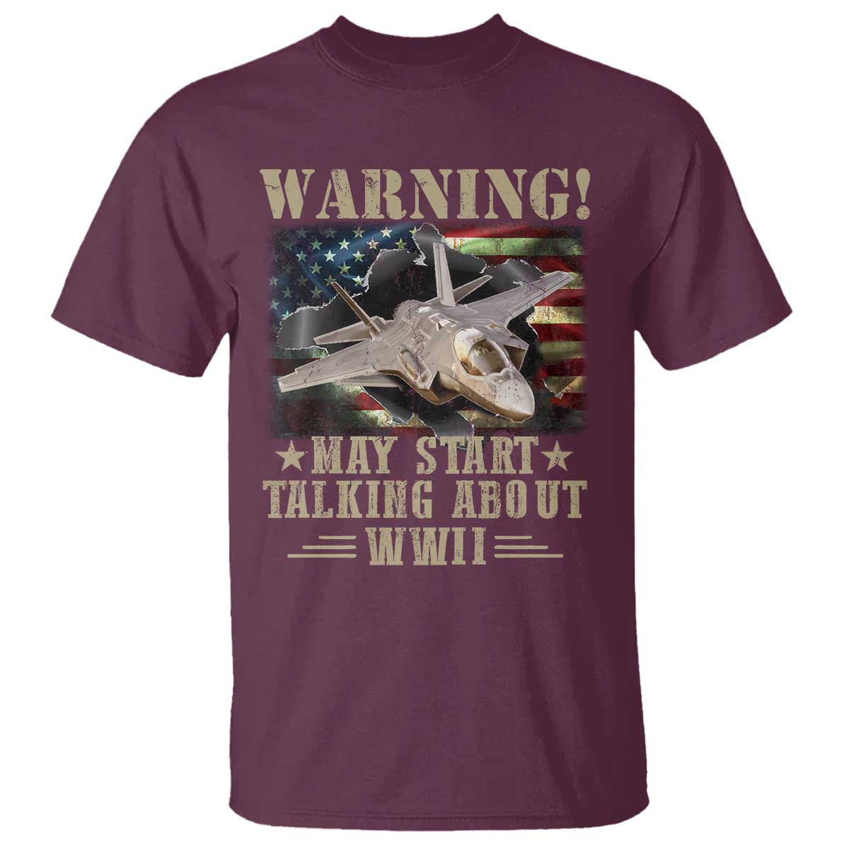 Warning May Start Talking About WWII T Shirt American Flag Fighter Jet - Wonder Print Shop