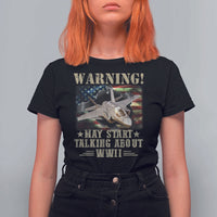 Warning May Start Talking About WWII T Shirt For Women American Flag Fighter Jet - Wonder Print Shop