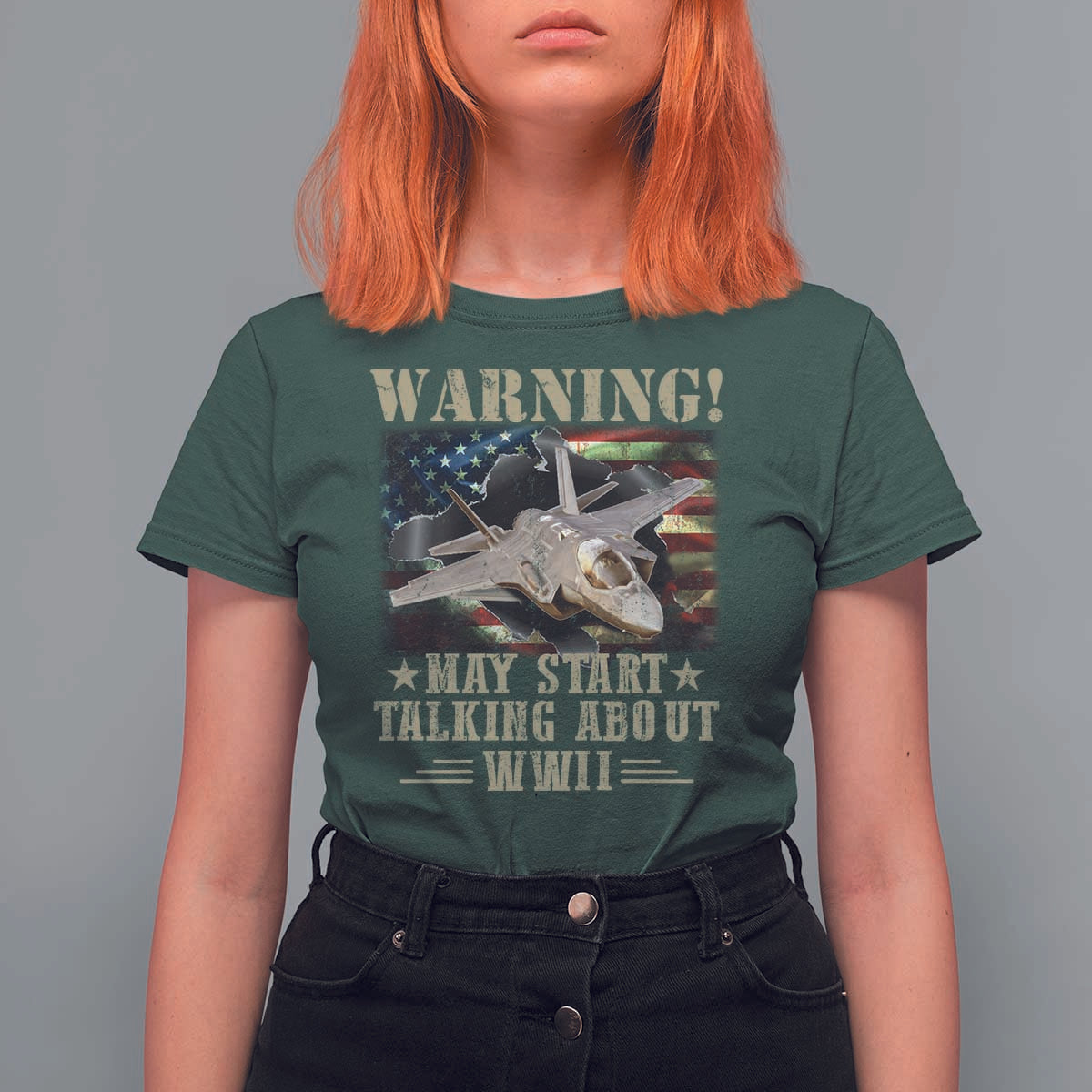 Warning May Start Talking About WWII T Shirt For Women American Flag Fighter Jet - Wonder Print Shop