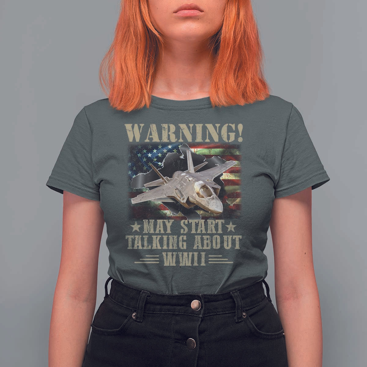 Warning May Start Talking About WWII T Shirt For Women American Flag Fighter Jet - Wonder Print Shop