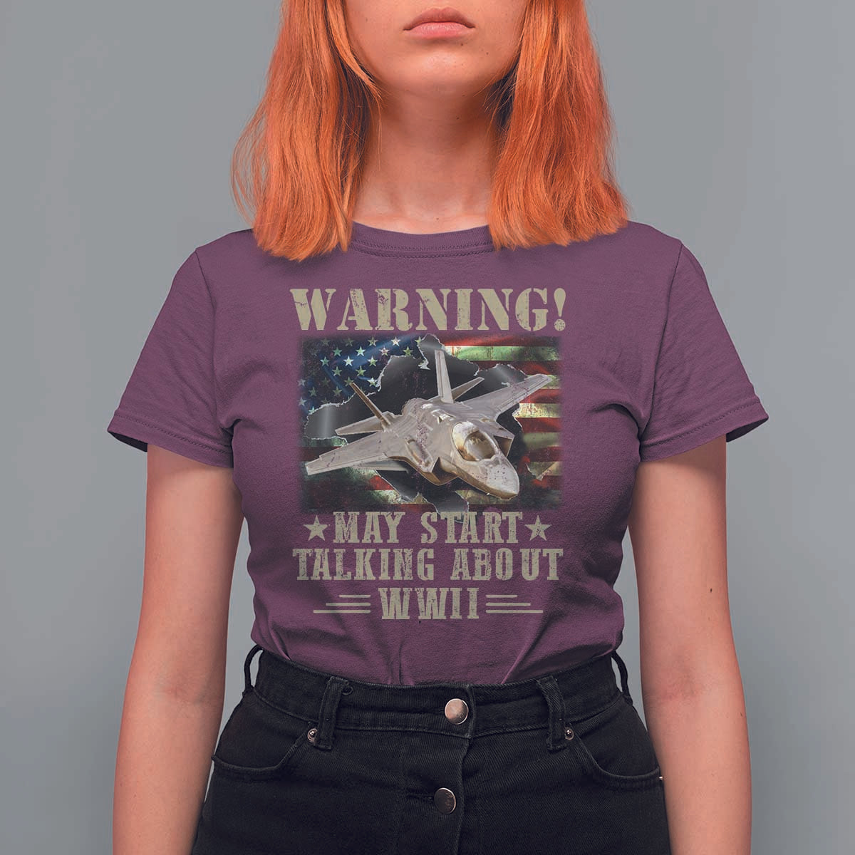 Warning May Start Talking About WWII T Shirt For Women American Flag Fighter Jet - Wonder Print Shop