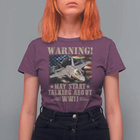 Warning May Start Talking About WWII T Shirt For Women American Flag Fighter Jet - Wonder Print Shop