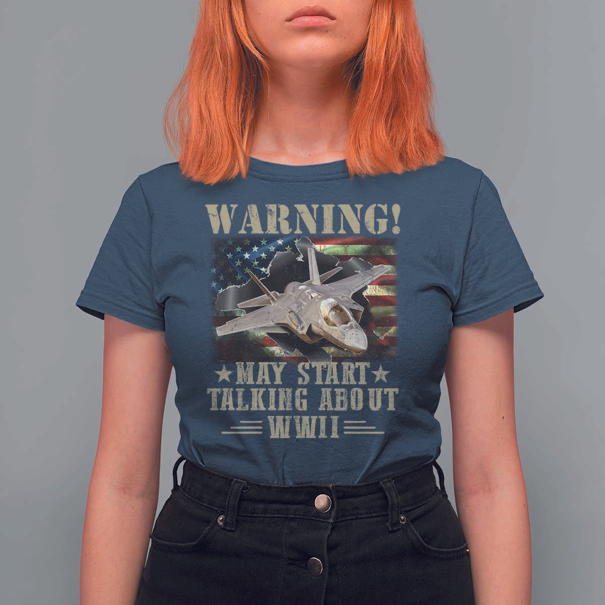 Warning May Start Talking About WWII T Shirt For Women American Flag Fighter Jet - Wonder Print Shop
