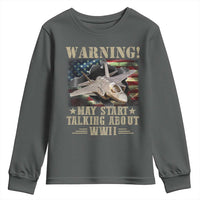 Warning May Start Talking About WWII Youth Sweatshirt American Flag Fighter Jet - Wonder Print Shop