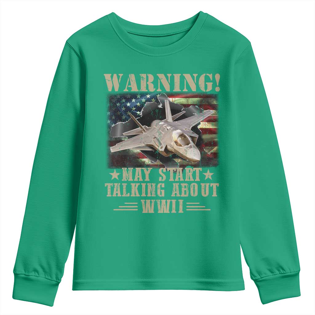 Warning May Start Talking About WWII Youth Sweatshirt American Flag Fighter Jet - Wonder Print Shop