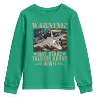Warning May Start Talking About WWII Youth Sweatshirt American Flag Fighter Jet - Wonder Print Shop