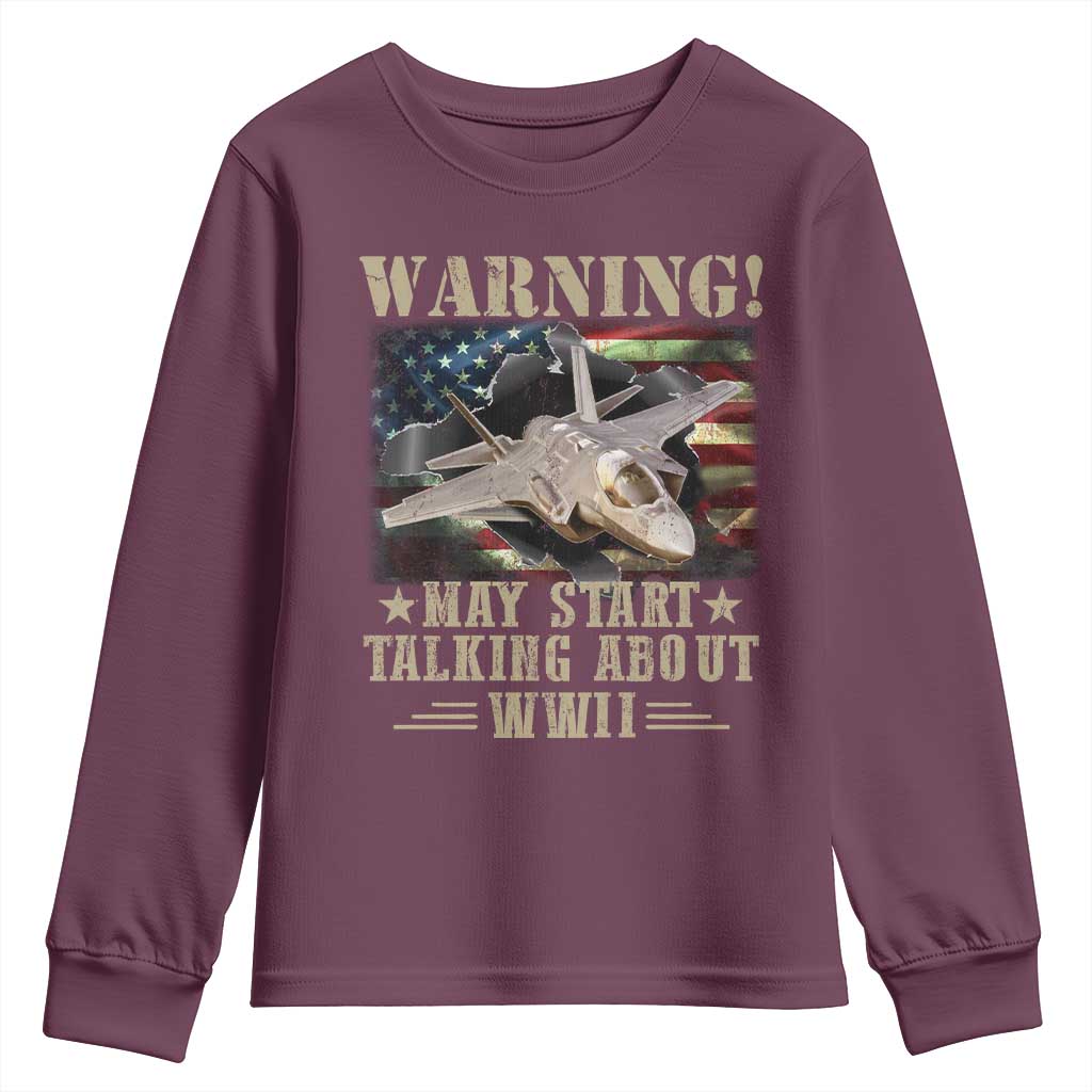 Warning May Start Talking About WWII Youth Sweatshirt American Flag Fighter Jet - Wonder Print Shop