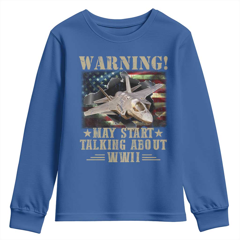 Warning May Start Talking About WWII Youth Sweatshirt American Flag Fighter Jet - Wonder Print Shop