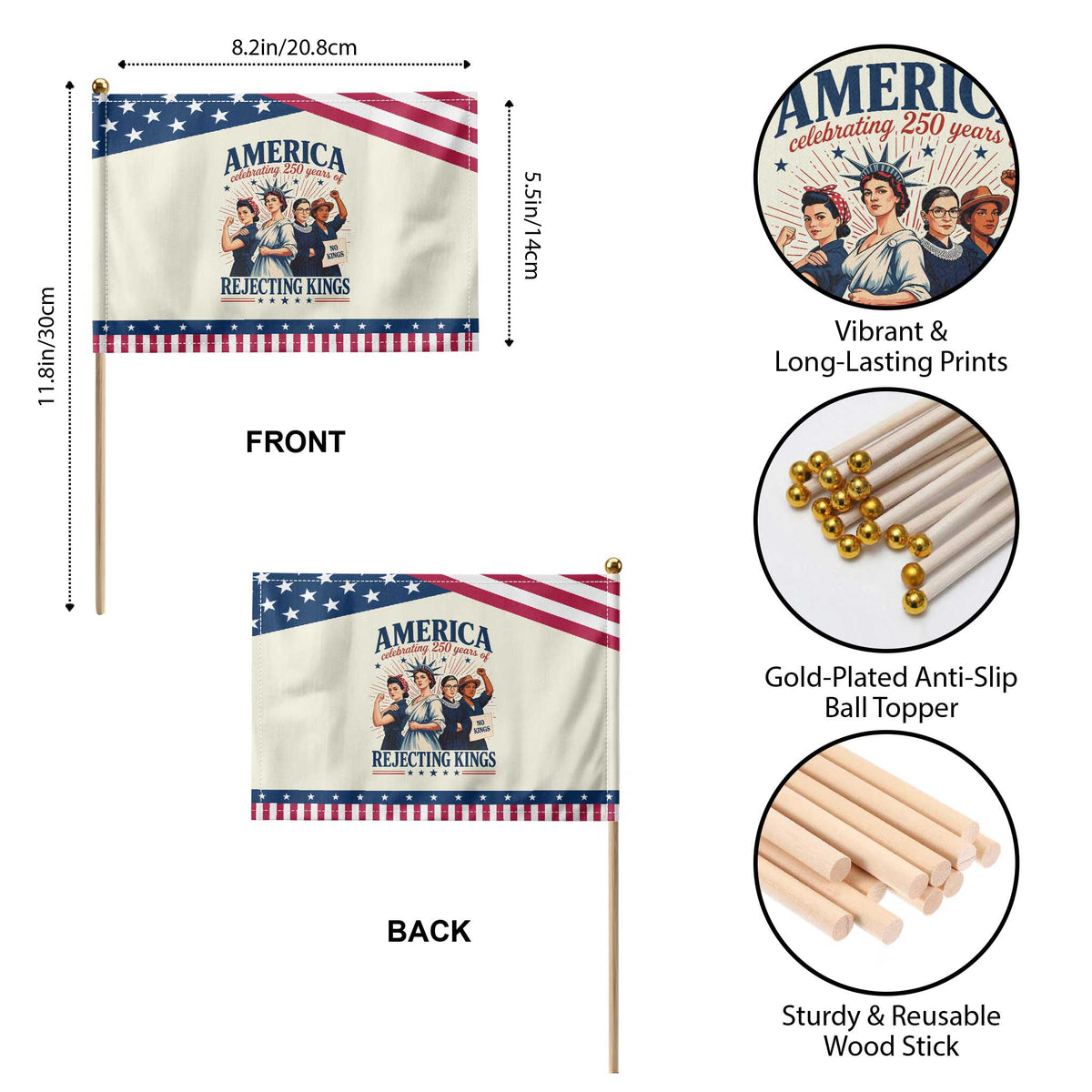 America Celebrating 250 Years Of Rejecting Kings 4th of July Patriotic Handheld Flag