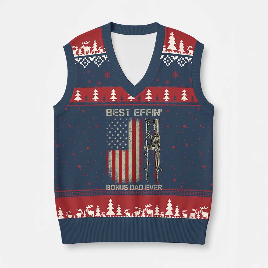 Best Effin Bonus Dad Ever V-Neck Knit Sweater Vest Step Dad Fathers Day Vintage American Flag