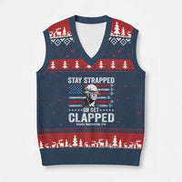 Stay Strapped Or Get Clapped George Washington V-Neck Knit Sweater Vest Funny 4th of July Jet American Flag