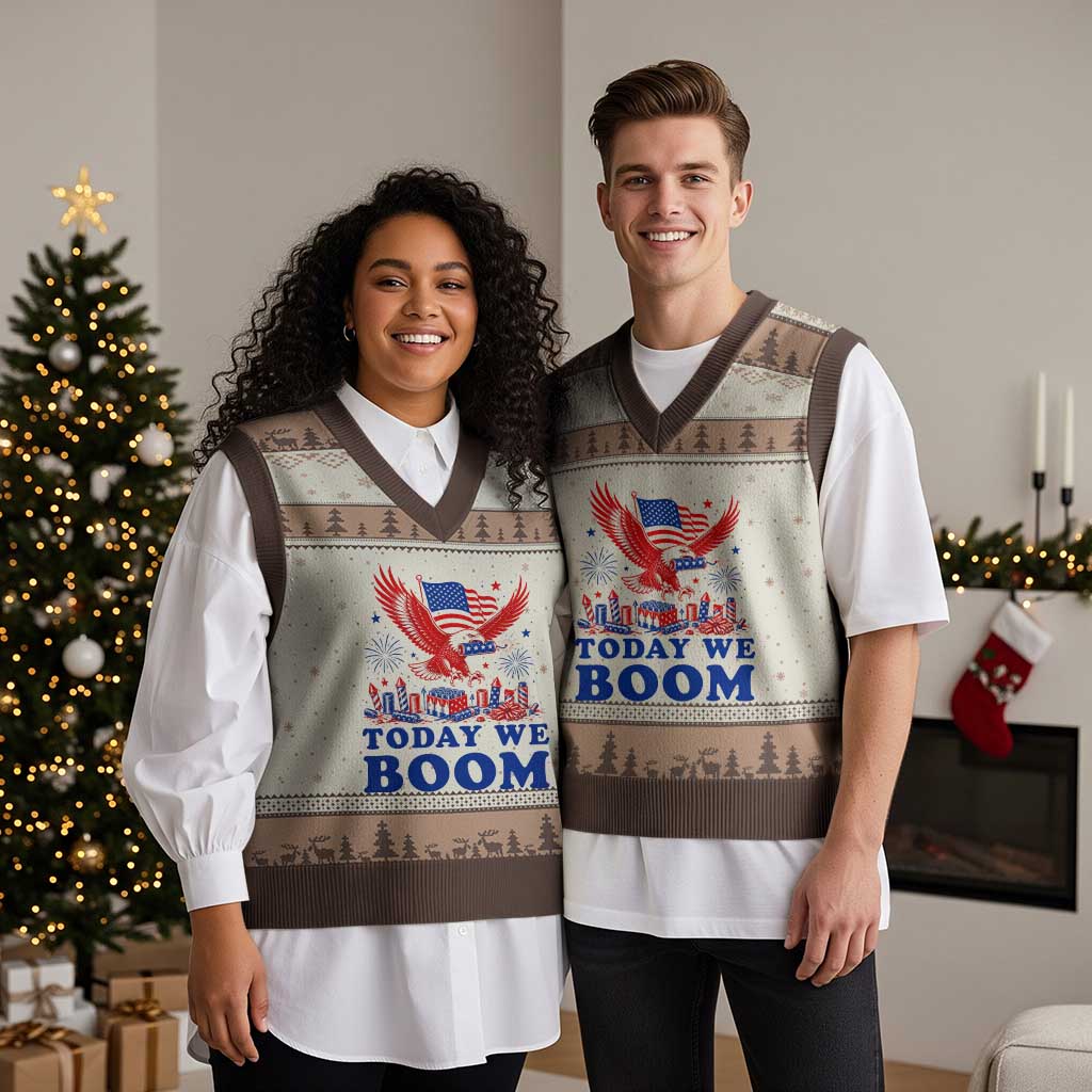 Today We Boom 4th of July Bald Eagle Fireworks V-Neck Knit Sweater Vest