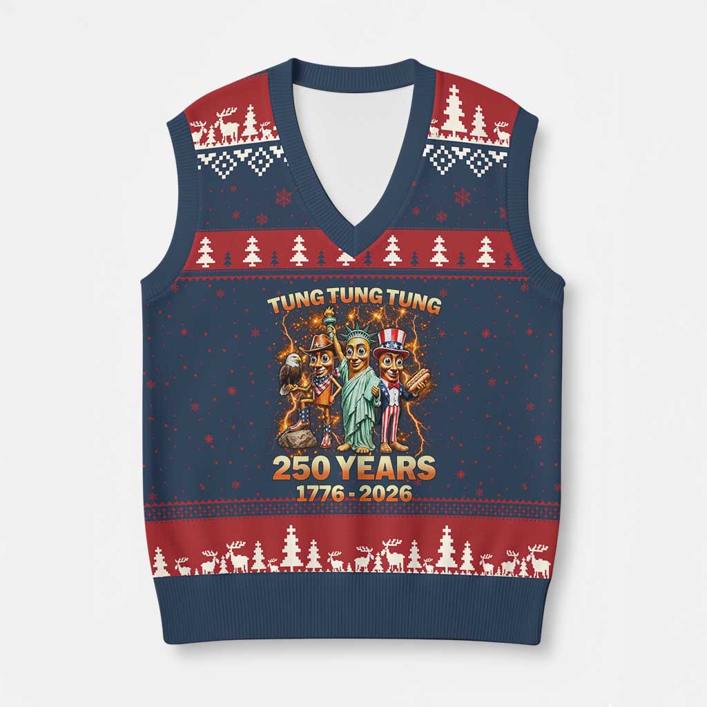 Tung Tung Tung Sahur 250 Years American V-Neck Knit Sweater Vest Funny Brainrot Meme 4th of July