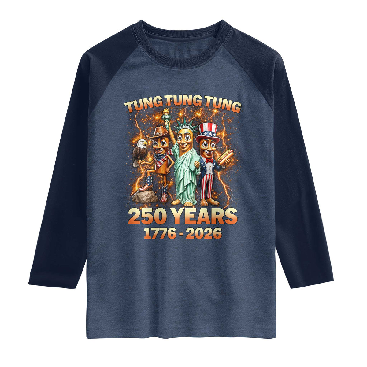 Tung Tung Tung Sahur 250 Years American Raglan Shirt Funny Brainrot Meme 4th of July