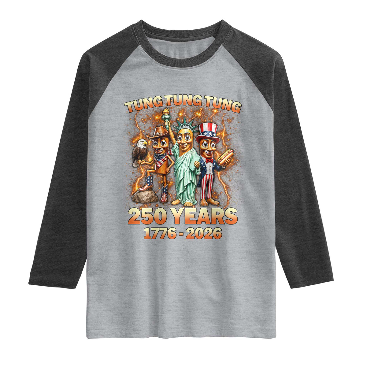 Tung Tung Tung Sahur 250 Years American Raglan Shirt Funny Brainrot Meme 4th of July
