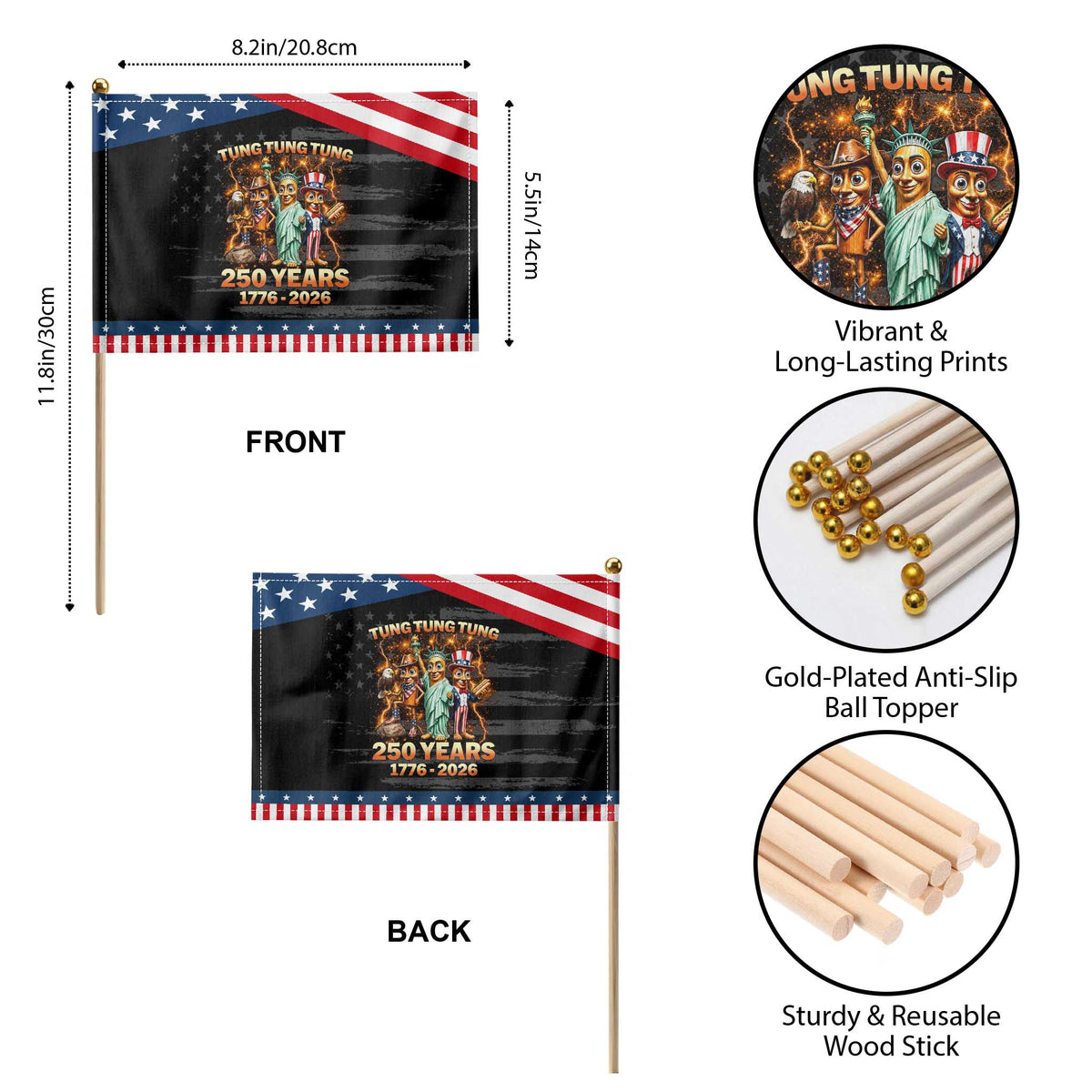 Tung Tung Tung Sahur 250 Years American Patriotic Handheld Flag Funny Brainrot Meme 4th of July