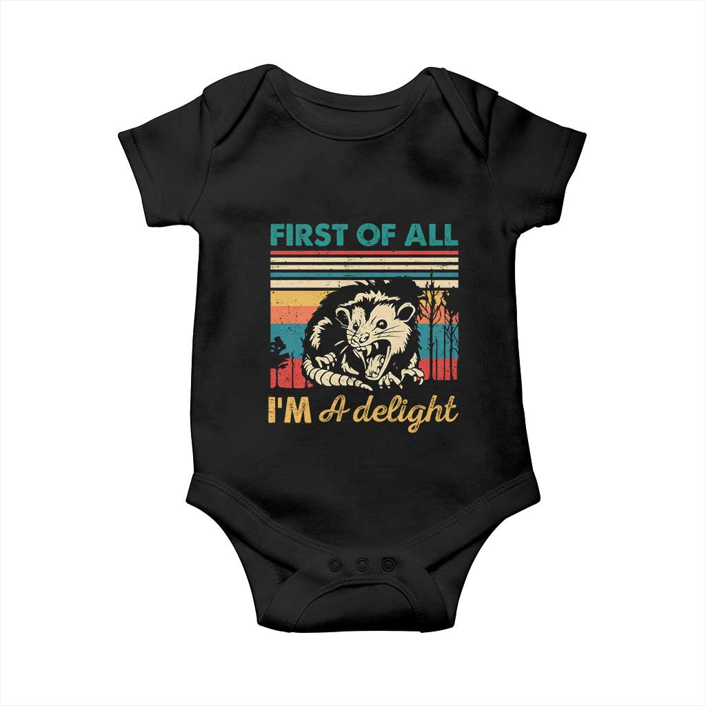Funny First Of All I Am A Delight Baby Onesie Retro Angry Opossum - Wonder Print Shop