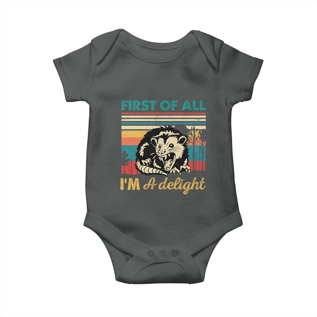 Funny First Of All I Am A Delight Baby Onesie Retro Angry Opossum - Wonder Print Shop