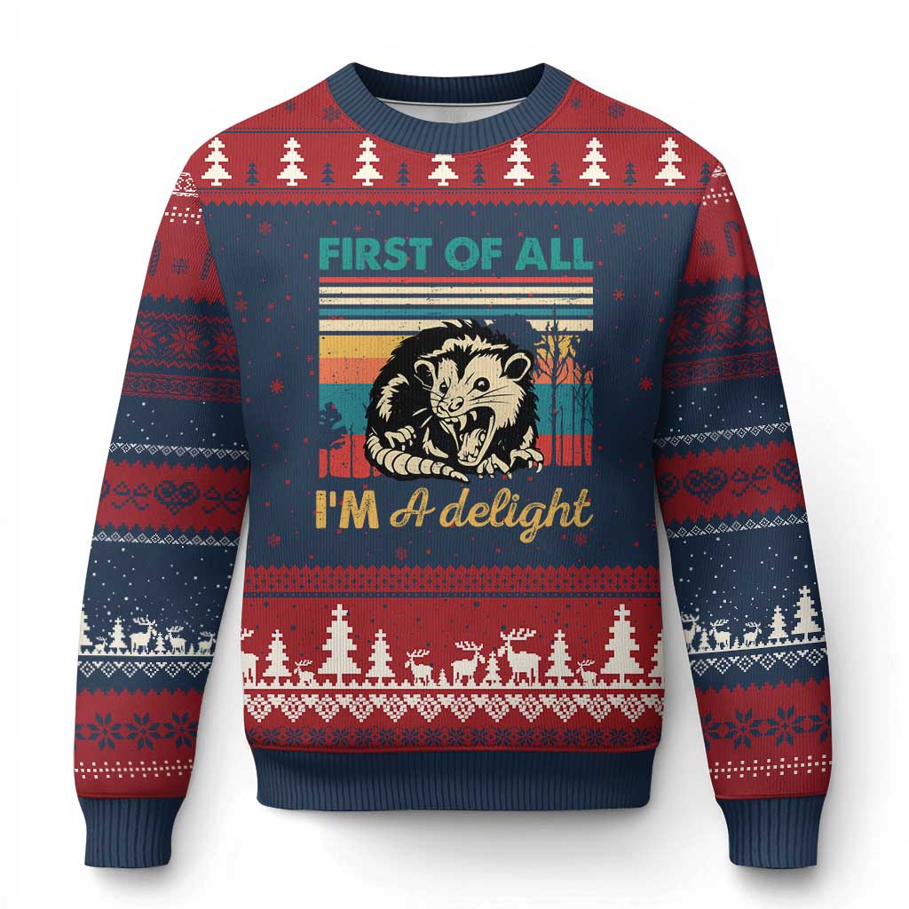 Funny First Of All I Am A Delight Ugly Christmas Sweater Retro Angry Opossum - Wonder Print Shop
