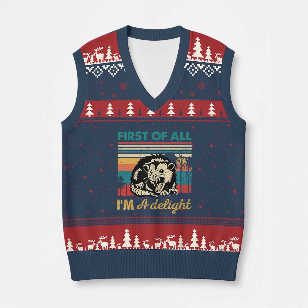 Funny First Of All I Am A Delight V-Neck Knit Sweater Vest Retro Angry Opossum - Wonder Print Shop