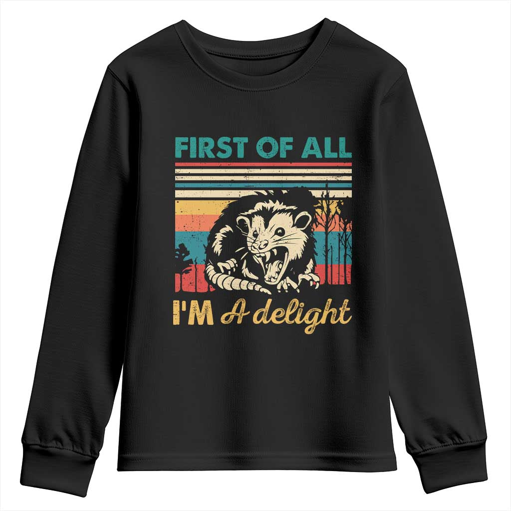 Funny First Of All I Am A Delight Youth Sweatshirt Retro Angry Opossum - Wonder Print Shop