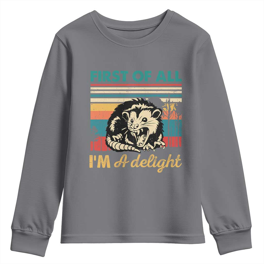 Funny First Of All I Am A Delight Youth Sweatshirt Retro Angry Opossum - Wonder Print Shop