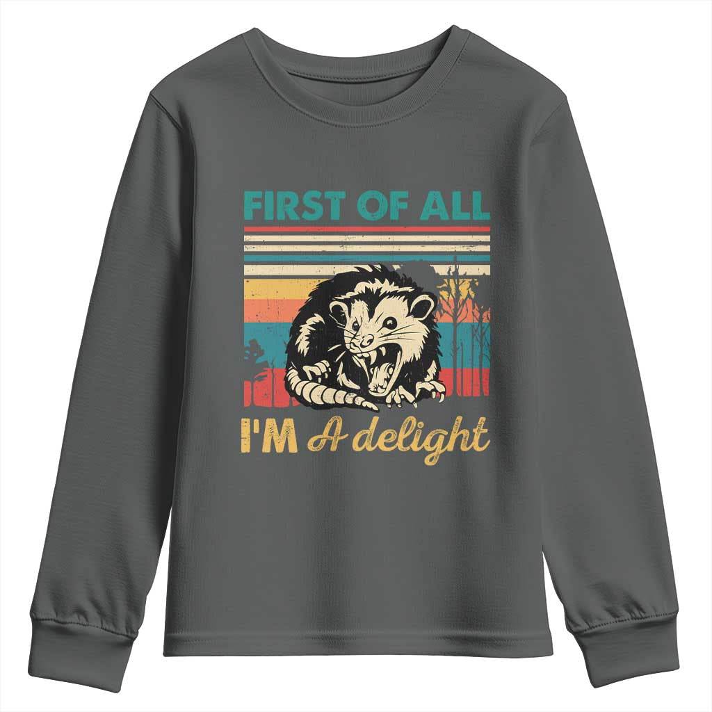 Funny First Of All I Am A Delight Youth Sweatshirt Retro Angry Opossum - Wonder Print Shop
