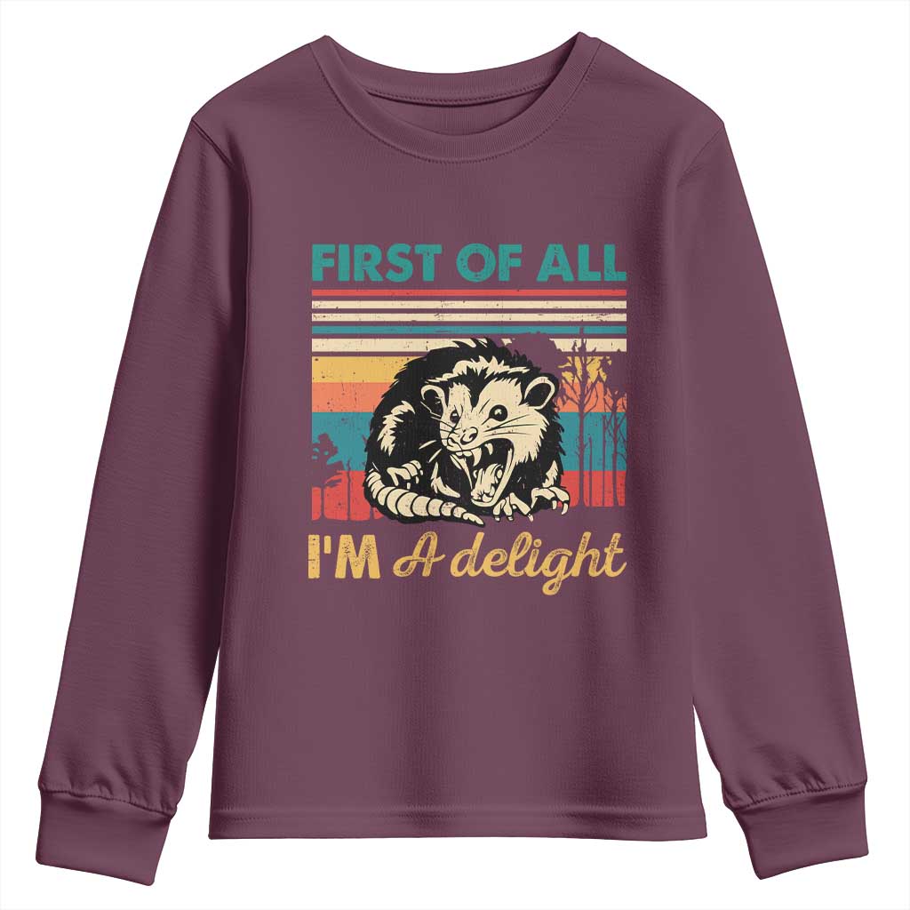 Funny First Of All I Am A Delight Youth Sweatshirt Retro Angry Opossum - Wonder Print Shop