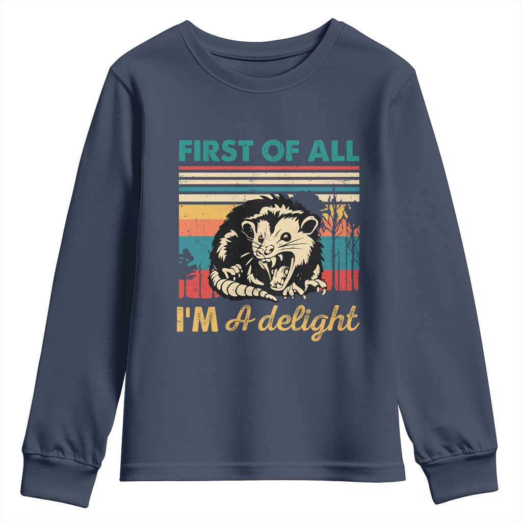 Funny First Of All I Am A Delight Youth Sweatshirt Retro Angry Opossum - Wonder Print Shop