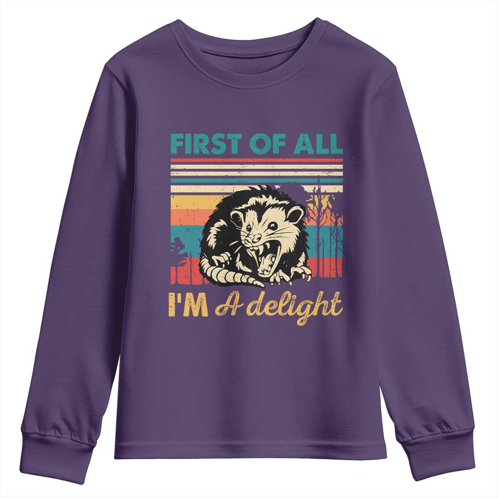 Funny First Of All I Am A Delight Youth Sweatshirt Retro Angry Opossum - Wonder Print Shop