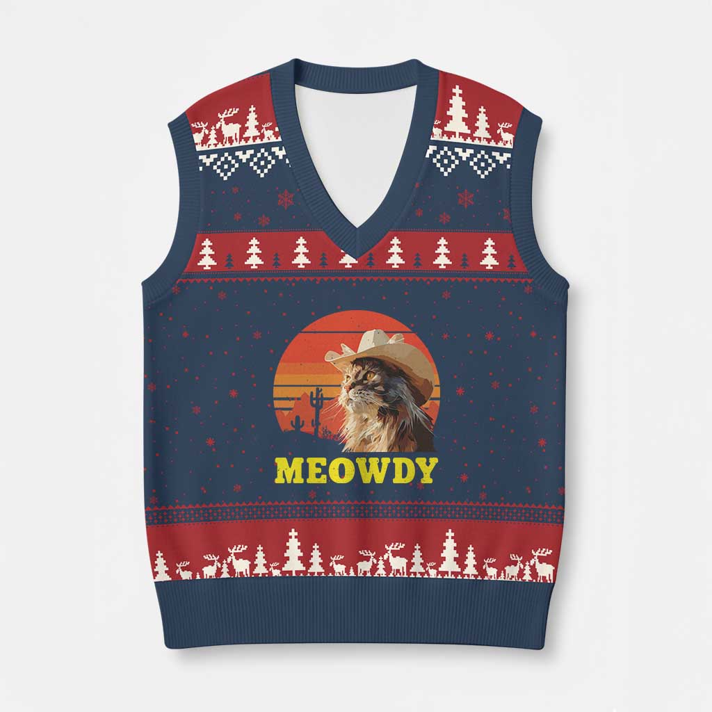 Funny Meowdy V-Neck Knit Sweater Vest Country Music Western Cowboy Cat - Wonder Print Shop